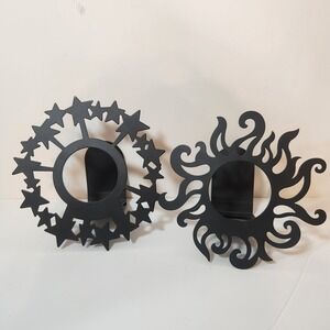 Vintage PartyLite Celestial Sun and Stars Metal Wall Sconces Matte Black Set 2